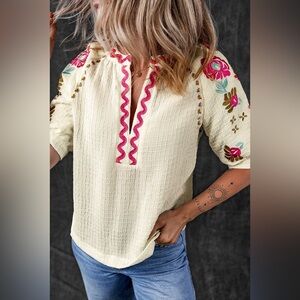 Beige Floral Embroidered Ricrac Puff Sleeve
Textured Blouse Bohemian Top